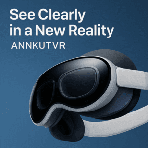Apple Vision Pro headset with ANNKUTVR prescription lenses and the text 'See Clearly in a New Reality' on a blue background