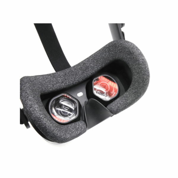 Red-marked prescription lenses snapped into HP Reverb G2 headset foam padding