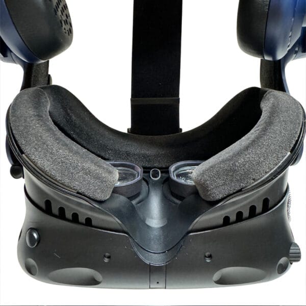 Top-down view of HTC Vive Pro 2 headset showing prescription lenses installed beneath facial padding