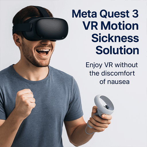 Reduce VR Motion Sickness and Eye Strain with ANNKUTVR Lenses for Meta Quest 3 5 Meta Quest 3 VR Motion Sickness Solution – young man enjoying immersive VR gaming without nausea, wearing a Quest 3 headset and holding a controller