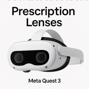Promotional image of Meta Quest 3 headset featuring custom prescription lenses for enhanced VR clarity and comfort