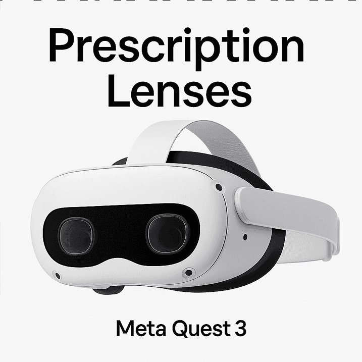 Why VR Headsets Need Prescription Lenses – Clear Vision with ANNKUTVR 4 Promotional image of Meta Quest 3 headset featuring custom prescription lenses for enhanced VR clarity and comfort