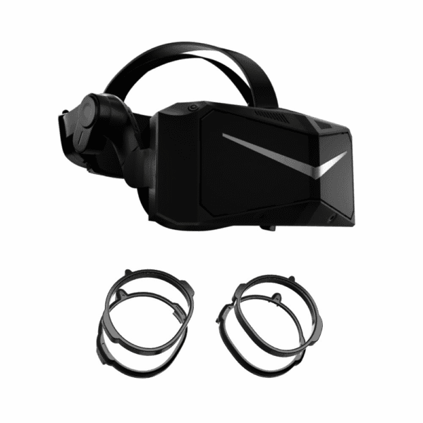 Pimax Crystal headset with detached prescription lenses and magnetic mounts beside it