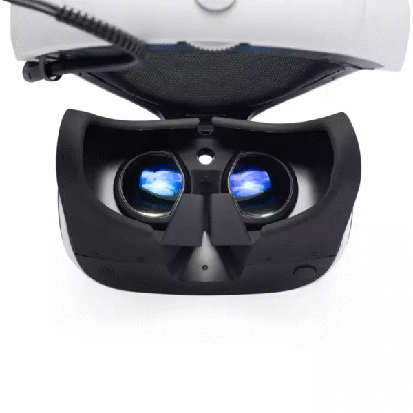 PSVR headset flipped open showing installed prescription lenses inside lens sockets