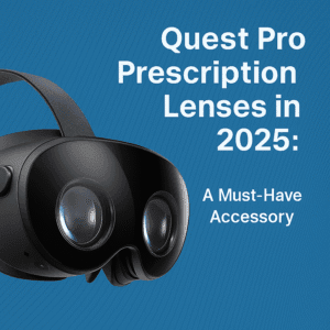 Quest Pro Prescription Lenses 2025 blog cover with VR headset illustration.