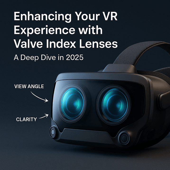 Blog cover image showing Valve Index headset with upgraded lenses highlighting view angle and clarity for 2025 VR experience