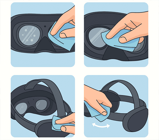 Upgrade Your VR Setup: Comfort, Clarity, and Customization Tips for Gamers 2 Step-by-step illustrated guide showing how to clean VR headset lenses and head strap using a microfiber cloth