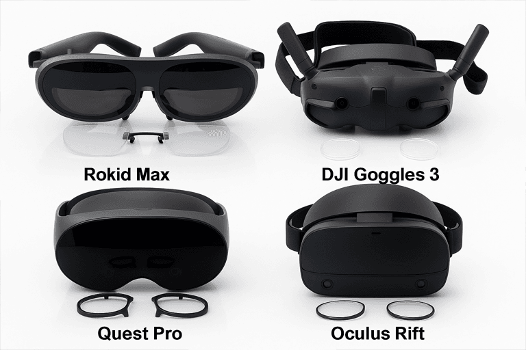 Upgrade Your Vision: VR Prescription Lenses for Headset Users in 2025 1 VR Prescription Lenses for Headset Users — Comparison of popular models including Quest Pro, Rokid Max, DJI Goggles 3, and Oculus Rift.