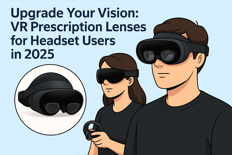 Upgrade Your Vision: VR Prescription Lenses for Headset Users in 2025 7 Main cover illustration showing VR headset users upgrading their experience with prescription lenses in 2025