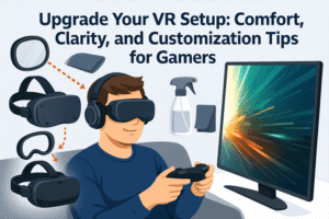 Digital illustration showing a gamer upgrading their VR setup with lens inserts, cleaning tools, and comfort accessories for improved clarity and hygiene