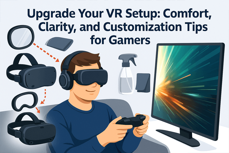 Upgrade Your VR Setup: Comfort, Clarity, and Customization Tips for Gamers 7 Digital illustration showing a gamer upgrading their VR setup with lens inserts, cleaning tools, and comfort accessories for improved clarity and hygiene