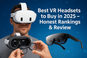 Cover image featuring Meta Quest 3 headset, prescription lens inserts, and AR glasses with the title 'Best VR Headsets to Buy in 2025 – Honest Rankings & Review' on a tech-themed background.