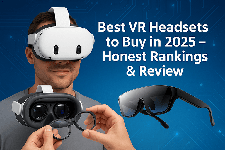 Best VR Headsets to Buy in 2025 – Honest Rankings & Review 9 Cover image featuring Meta Quest 3 headset, prescription lens inserts, and AR glasses with the title 'Best VR Headsets to Buy in 2025 – Honest Rankings & Review' on a tech-themed background.