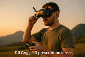 A drone pilot flying in golden hour while wearing FPV goggles, showcasing relaxed immersion in a scenic outdoor environment.