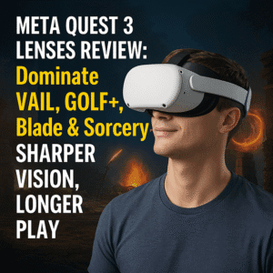 Meta Quest 3 Lenses review image showcasing sharper vision and longer VR playtime with VAIL, GOLF+, and Blade & Sorcery