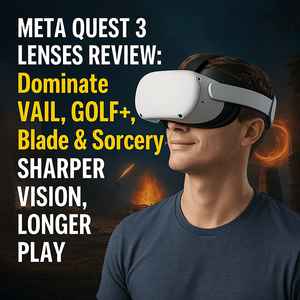 Meta Quest 3 Lenses review image showcasing sharper vision and longer VR playtime with VAIL, GOLF+, and Blade & Sorcery
