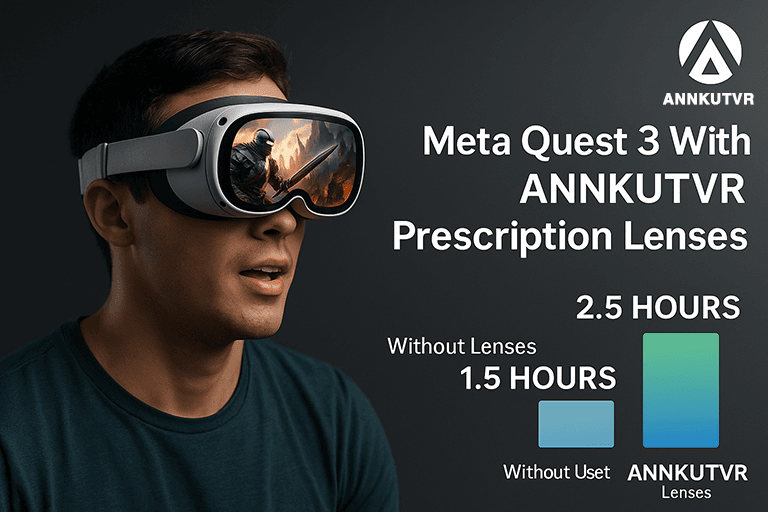 🔧 Meta Quest 2 & 3 RX Lenses That Actually Level Up Your VR (And Double Your Playtime!) 3 Illustration of a VR user playing with Meta Quest 3s using ANNKUTVR prescription lenses, with improved clarity and extended playtime due to blue light protection.