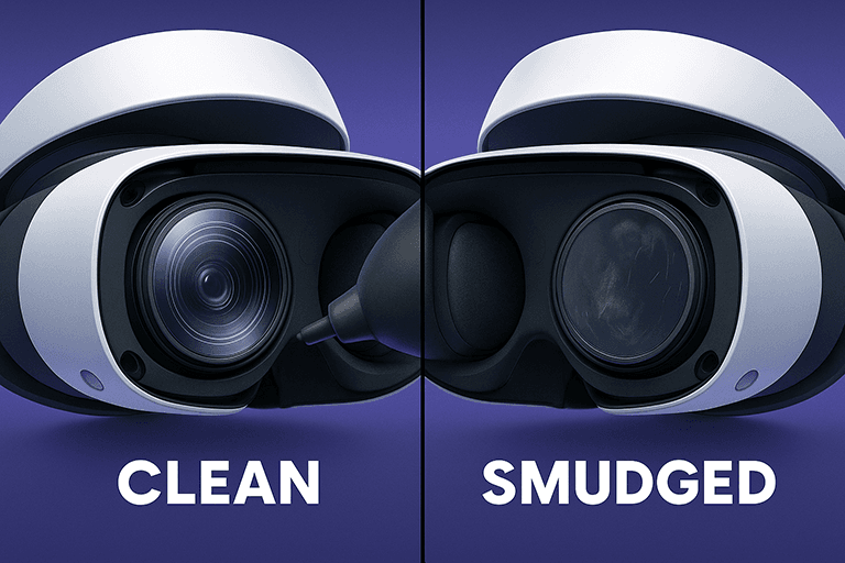 Side-by-side comparison showing clean psvr2 lenses versus smudged lenses