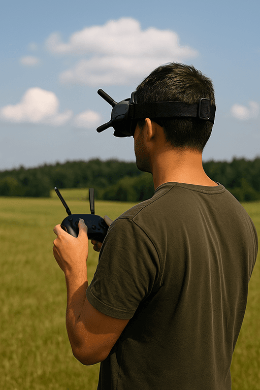 FPV drone pilot flying outdoors using DJI Goggle 3 equipped with prescription lenses for clear and accurate vision