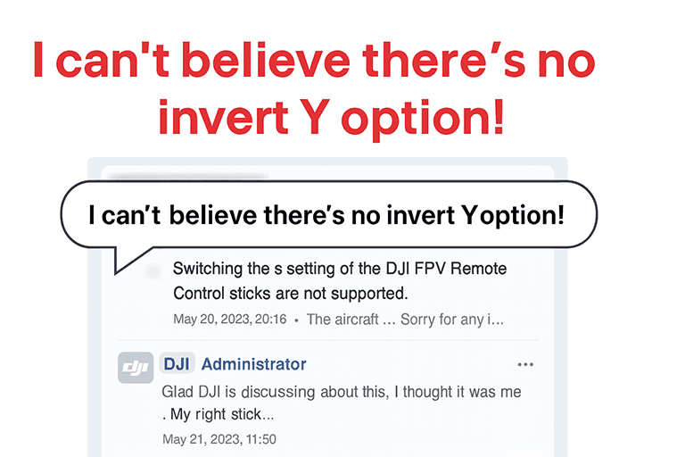 Composite forum screenshot showing user complaints about lack of Y-axis inversion in DJI Controller 3, supporting concerns related to FPV control and DJI Goggle 3 prescription lenses usability