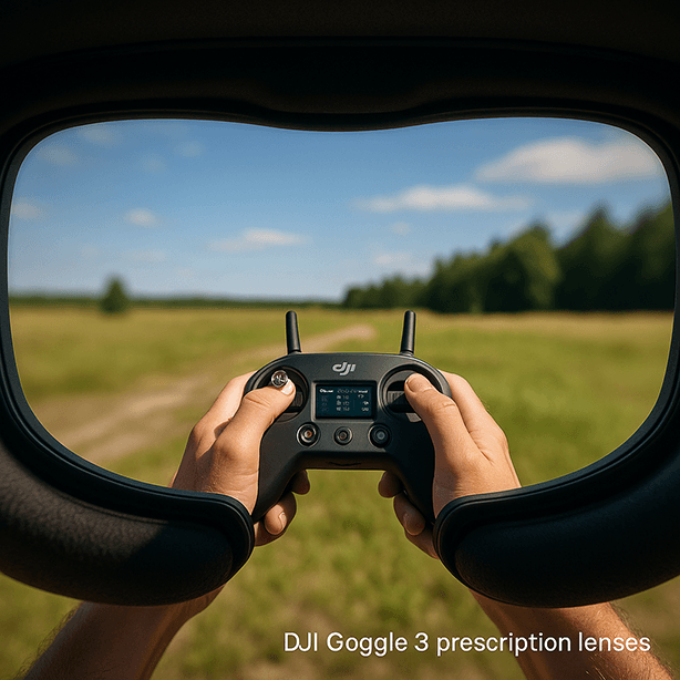 Why DJI Goggle 3 Prescription Lenses Don’t Work with Goggles 2 or Integra – Here’s What You Must Know 2 First-person perspective showing clear vision through Goggles 3 lenses while operating a drone controller outdoors