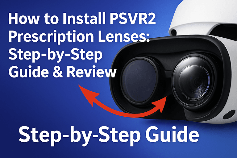 Tutorial and review cover image showing how to install PSVR2 prescription lenses with visual guide elements