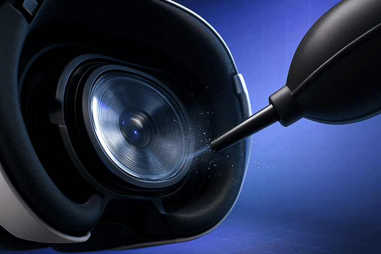 Air blower cleaning PSVR2 internal Fresnel lens with dust particles dispersing