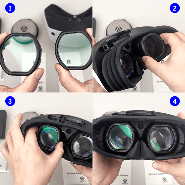 Step-by-step visual guide for installing PSVR2 prescription lenses with ANNKUTVR inserts
