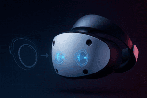 PSVR2 prescription lenses concept — PSVR2 headset with glowing optics and a snap-in insert outline on a dark tech grid background