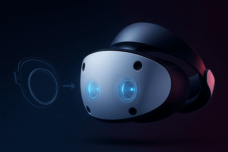 PSVR2 prescription lenses concept — PSVR2 headset with glowing optics and a snap-in insert outline on a dark tech grid background