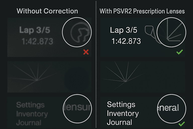 Through-the-lens macro showing sharper HUD text, mini-map lines, and menu labels with correction versus slight blur without