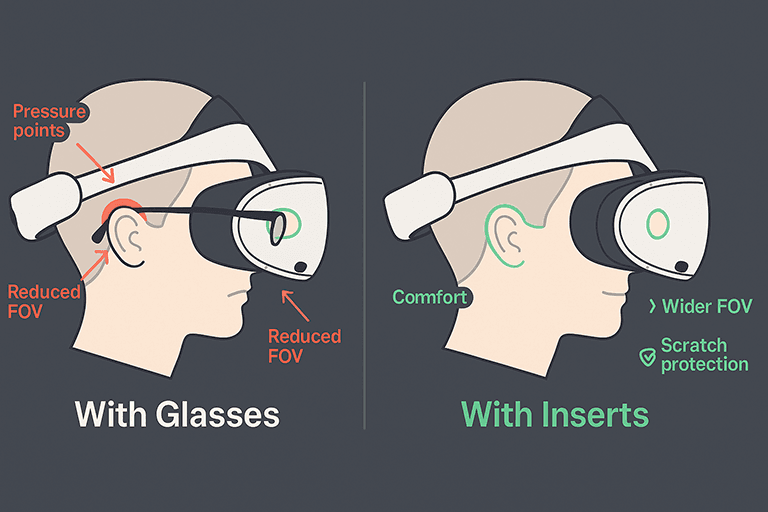 With glasses vs with PSVR2 prescription lenses comparison illustrating pressure points, wider FOV, and scratch protection