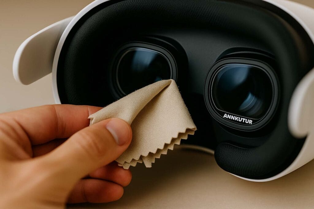 Close-up of a hand cleaning ANNKUTVR prescription lens inserts inside Meta Quest 3 using a microfiber cloth.