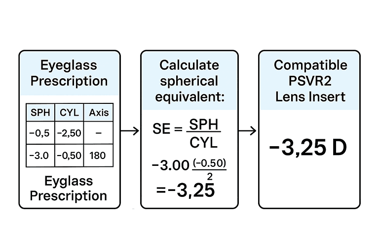 Comparison chart showing eyeglass prescription, spherical equivalent, and matched PSVR2 prescription lens power values