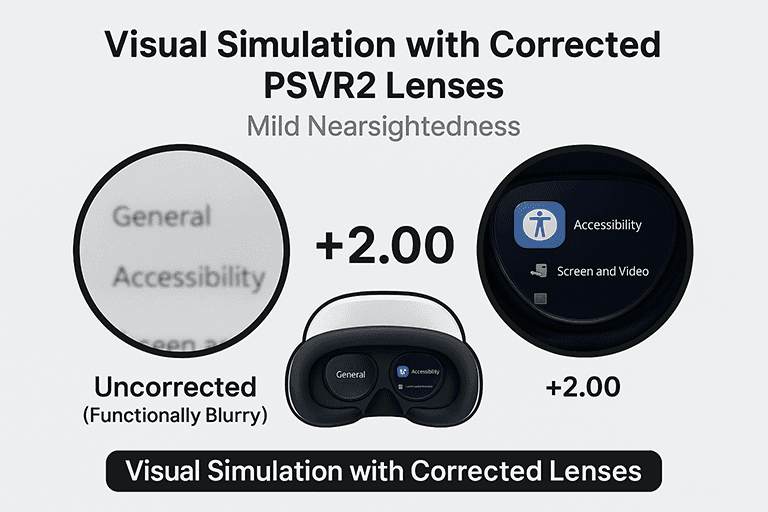 Visual simulation comparing blurry VR view without PSVR2 prescription lenses and clear VR view with correctly powered lenses