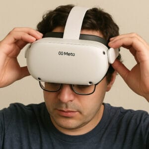 A person adjusting their Meta Quest headset to fit over glasses