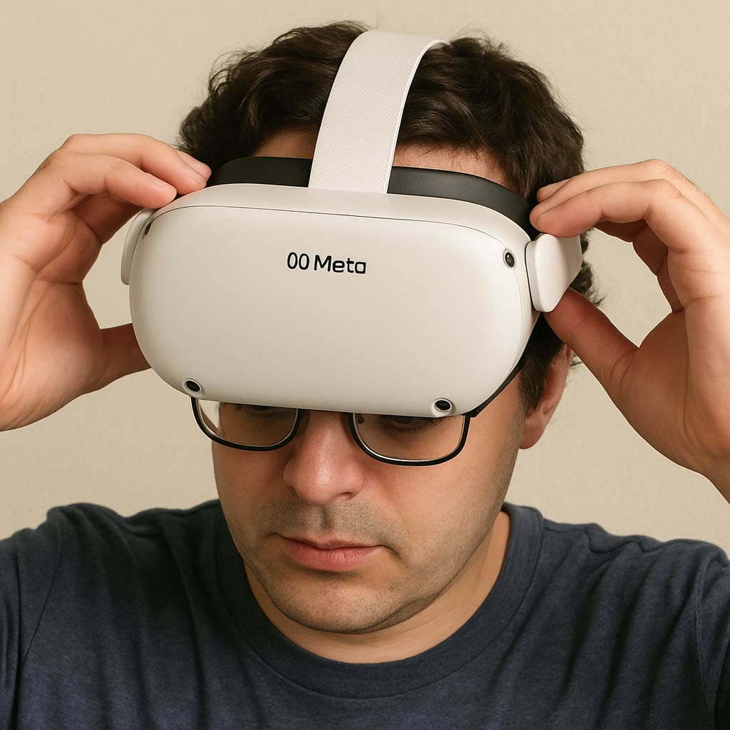 A person adjusting their Meta Quest headset to fit over glasses