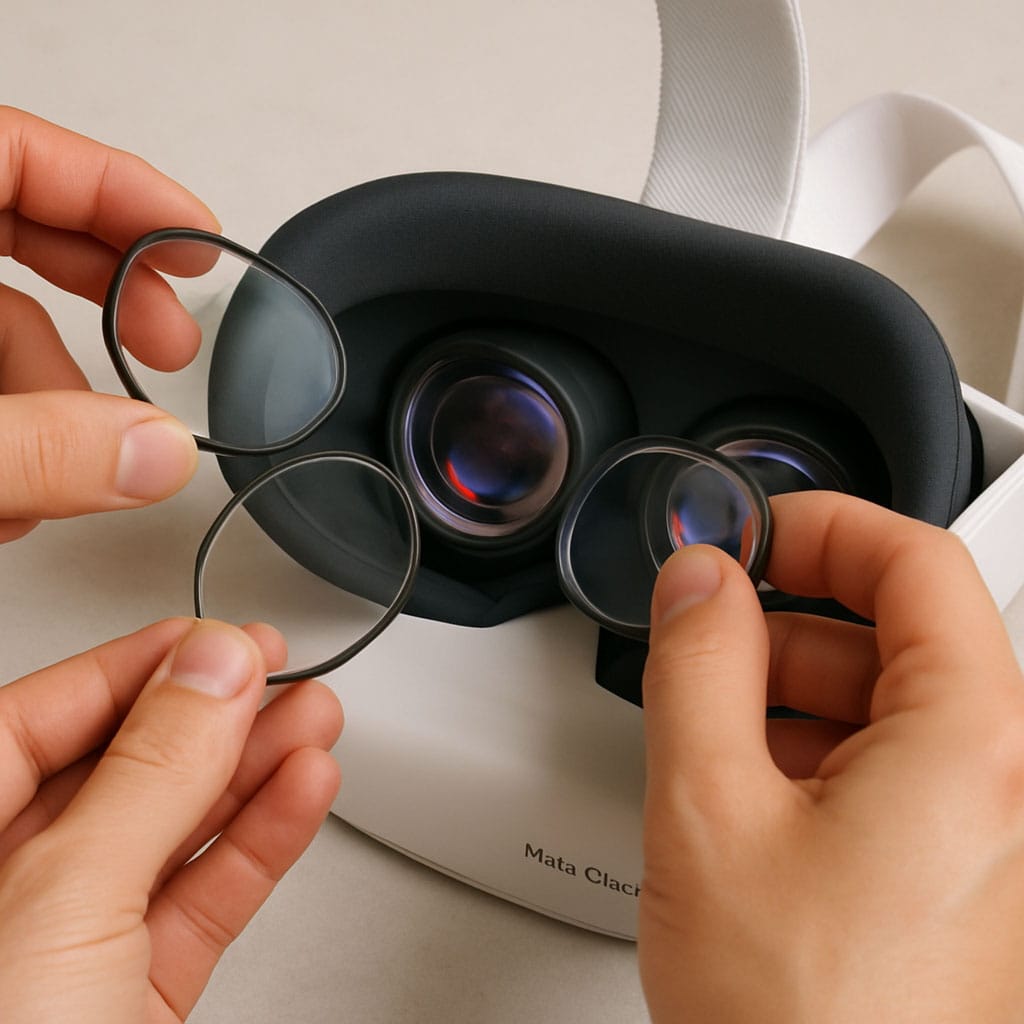 An image of prescription lenses being inserted into a Meta Quest headset