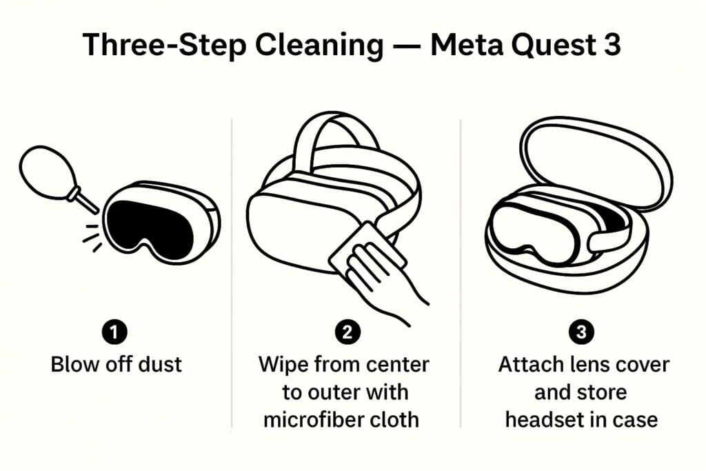 Meta Quest 3 & 3S Covers — A Manufacturer’s Safe-Use Guide from a Lens Protector Maker 3 Infographic showing three steps to clean Meta Quest 3 lenses: blow off dust, wipe from center outward with microfiber cloth, then cover lenses and store safely.