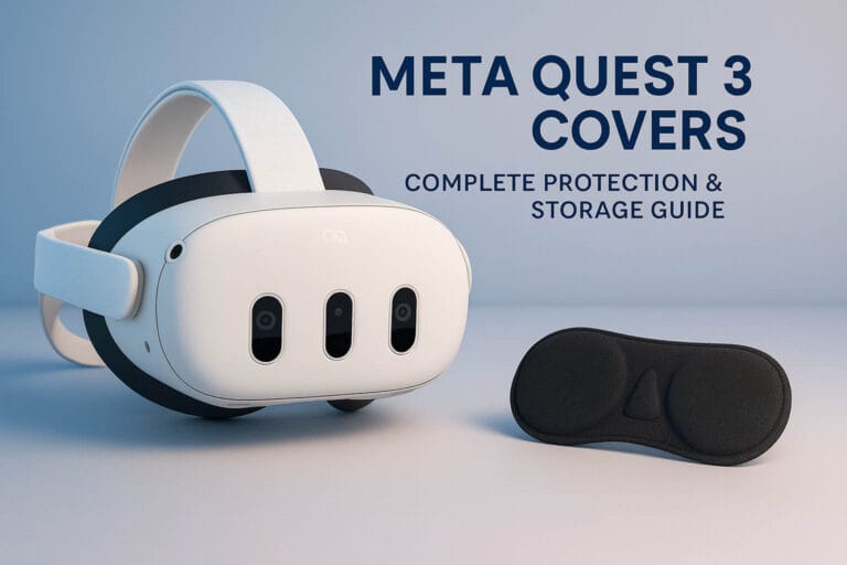 Meta Quest 3 & 3S Covers — A Manufacturer’s Safe-Use Guide from a Lens Protector Maker 24 Meta Quest 3 headset with lens cover placed on a light wood desk beside storage case, showing complete protection and storage setup for blog guide.