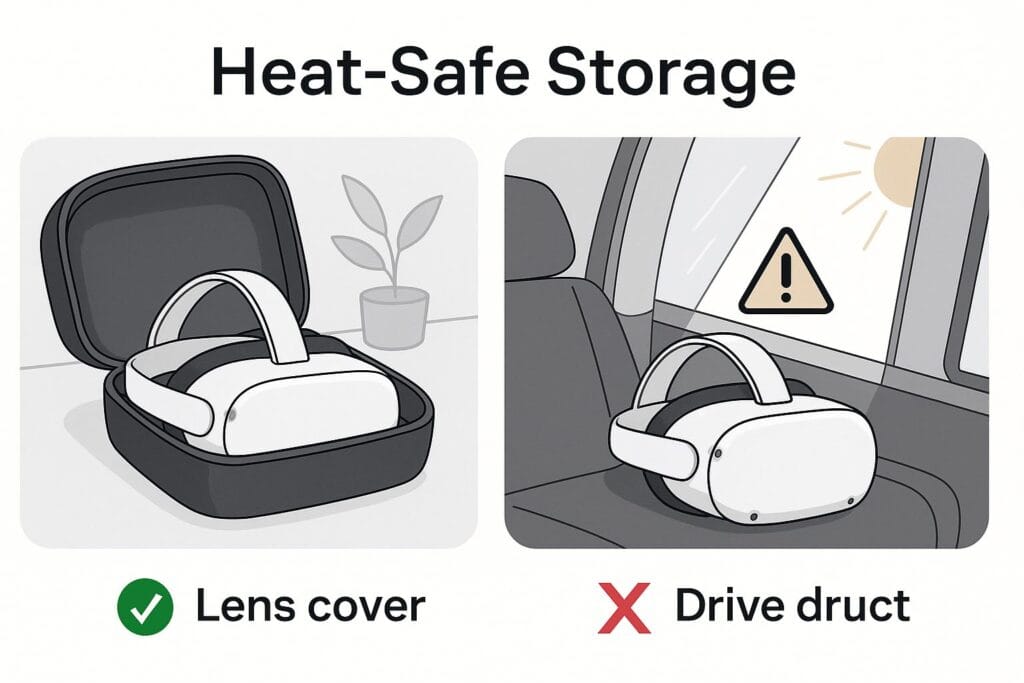 Meta Quest 3 & 3S Covers — A Manufacturer’s Safe-Use Guide from a Lens Protector Maker 2 Illustration showing safe and unsafe Meta Quest 3 storage: headset with lens cover in cool shaded area versus in direct sunlight or hot car with warning sign.