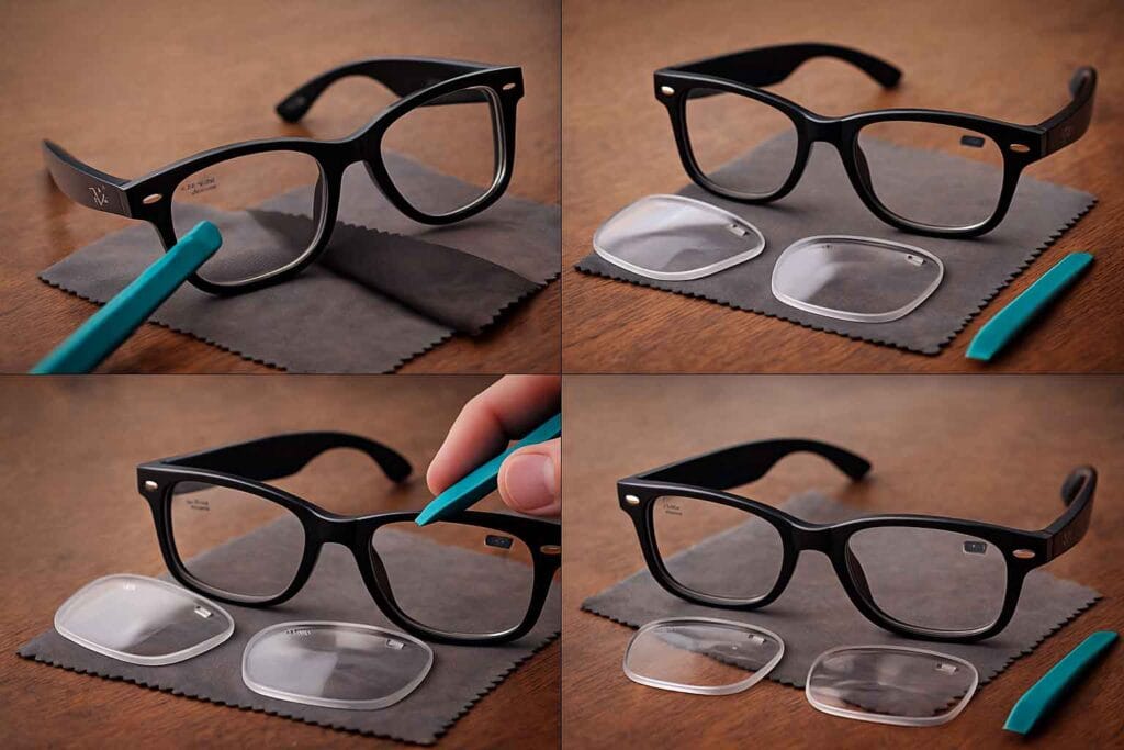 Close-up of a person using a screwdriver to remove screws from Ray-Ban glasses