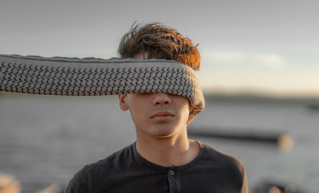 User adjusting VR visor for comfort