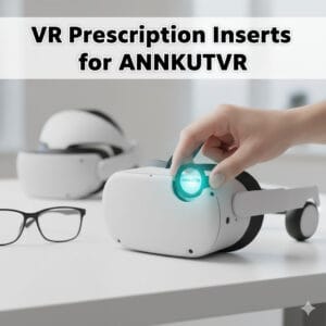 Cover image featuring ANNKUTVR prescription inserts next to a VR headset with the brand logo. The image illustrates the article's guide on how these custom lenses enhance visual clarity and comfort for Meta Quest 3 and PSVR2 users by eliminating the need for glasses during gameplay.