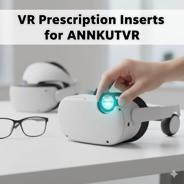 VR prescription inserts for ANNKUTVR 28 Cover image featuring ANNKUTVR prescription inserts next to a VR headset with the brand logo. The image illustrates the article's guide on how these custom lenses enhance visual clarity and comfort for Meta Quest 3 and PSVR2 users by eliminating the need for glasses during gameplay.