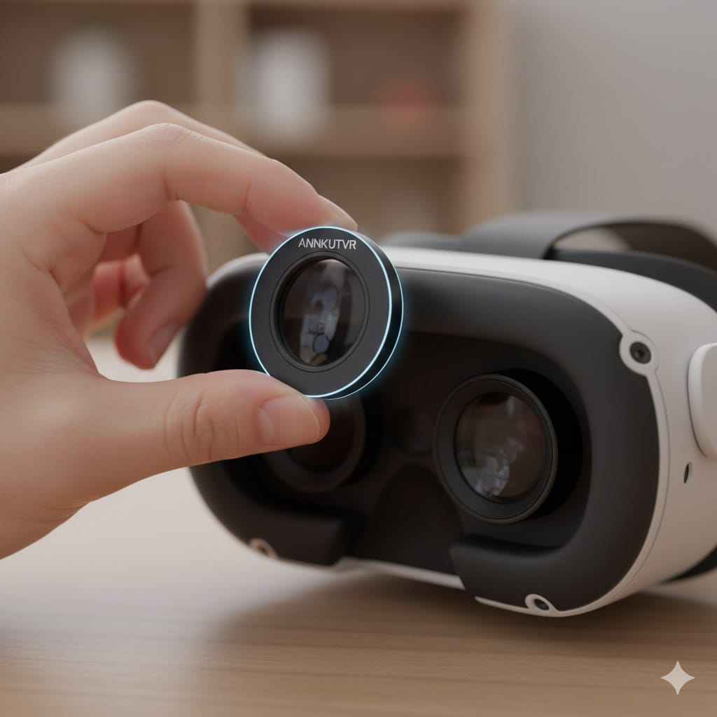 Image of ANNKUT VR prescription inserts being placed into a headset