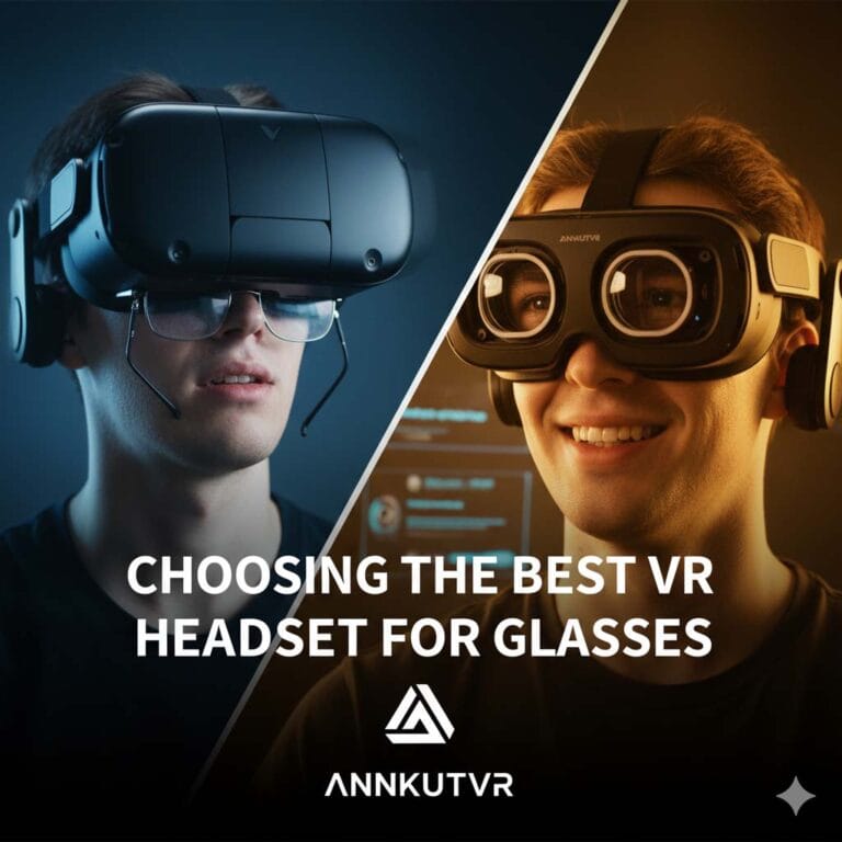 Choosing the Best VR Headset for Glasses | ANNKUTVR 22 A comparison image showing the problem and solution for VR glasses wearers. On one side, a VR headset (like a Meta Quest 3) is placed next to a pair of regular glasses, symbolizing discomfort. On the other side are two ANNKUTVR prescription lens inserts, symbolizing comfort and clarity.