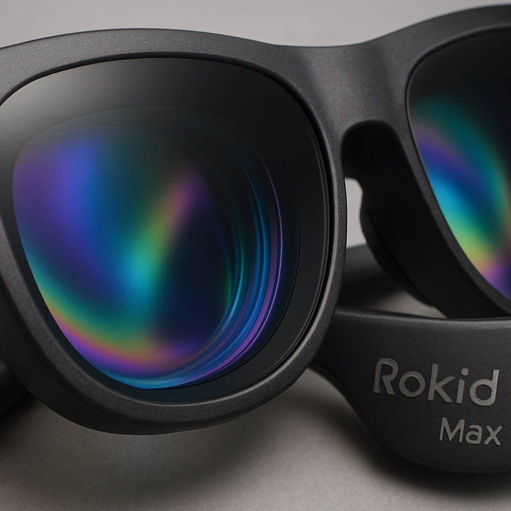 Close-up of Rokid Max lenses showing anti-reflective coating