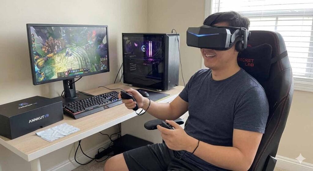 Image of a person using Pimax VR headset with Pimax Crystal Light Prescription Lenses