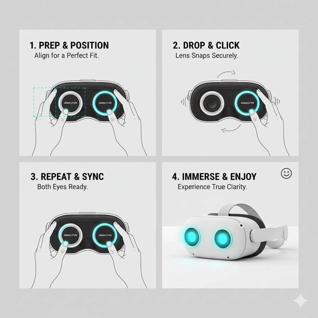 Illustration of installation process for VR prescription inserts